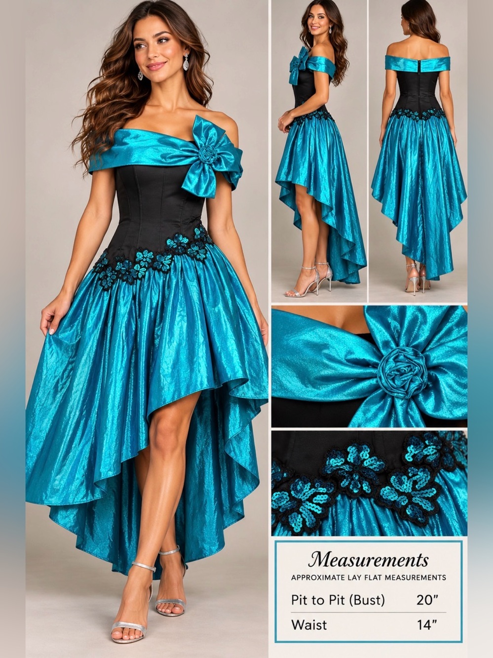 Vintage Jessica McClintock Teal and Black Off-Shoulder High-Low Dress with Bow